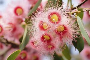 ai gegenereerd mooi gom boom roze bloemen en knoppen. ai gegenereerd foto