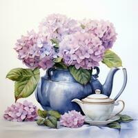 ai gegenereerd waterverf hortensia's in theepot geïsoleerd Aan wit achtergrond. ai gegenereerd foto