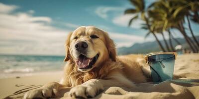 ai gegenereerd gouden retriever hond is Aan zomer vakantie Bij kust toevlucht en ontspannende rust uit Aan zomer strand van Hawaii. ai generatief foto