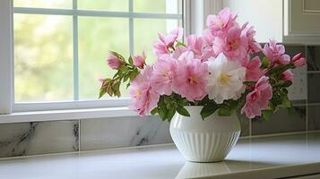 ai gegenereerd een wit vaas vol van roze bloemen is zittend Aan balie. ai gegenereerd foto