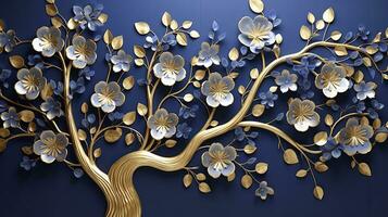 ai gegenereerd elegant goud en Koninklijk blauw bloemen boom met bladeren en bloemen hangende takken illustratie achtergrond. ai gegenereerd. foto