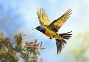 ai gegenereerd olijf- gesteund zonnevogel, geel buik sunbird vliegend in de helder lucht. generatief ai foto