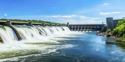 ai gegenereerd hydro-elektrisch dam genereren groen energie van vloeiende water. ai gegenereerd. foto