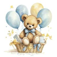 ai gegenereerd een waterverf baby teddy beer is zittend in de mand met blauw en goud ballonnen. ai gegenereerd foto