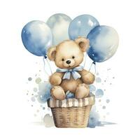 ai gegenereerd een waterverf baby teddy beer is zittend in de mand met blauw en goud ballonnen. ai gegenereerd foto