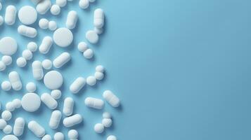 ai gegenereerd top visie wit geneeskunde tablets antibiotica pillen Aan een zacht blauw achtergrond, kopiëren ruimte, apotheek thema, ai generatief foto