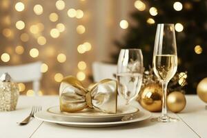 ai gegenereerd Kerstmis tafel instelling met vakantie decoraties in goud kleur. ai gegenereerd foto