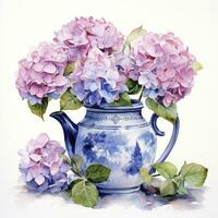 ai gegenereerd waterverf hortensia's in theepot geïsoleerd Aan wit achtergrond. ai gegenereerd foto