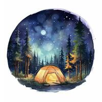 ai gegenereerd een camping tent in de Woud met nacht lucht, waterverf voor t-shirt ontwerp. ai gegenereerd foto