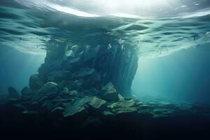 ai gegenereerd onderwater- visie van een onderwater- grot in de diep blauw zee, ijsberg met bovenstaand en onderwater- visie, ai gegenereerd foto