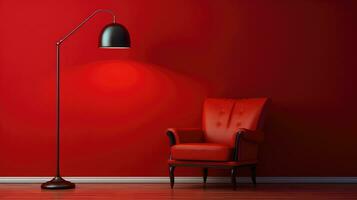 ai gegenereerd rood muur en verdieping lamp. achtergrond. interieur ontwerp foto