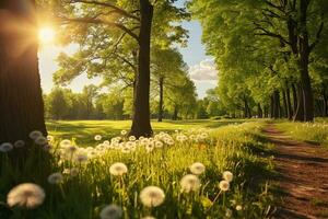 ai gegenereerd groen natuur landschap met katoen bloemen in lente foto