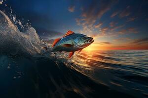 ai gegenereerd vis jumping uit van zee water met lucht visie Bij zonsondergang foto