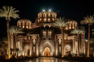 ai gegenereerd mooi moskee gebouw in Arabië Bij nacht foto
