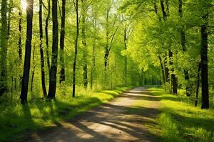 ai gegenereerd een aarde weg in de midden- van een Woud met veel van hoog bomen Aan beide zijden van de aarde pad. generatief ai foto