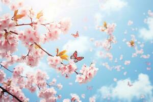 ai gegenereerd bloeiende kers tegen achtergrond van blauw lucht en vlinders Aan natuur buitenshuis. roze sakura bloemen, dromerig romantisch beeld lente, landschap panorama, kopiëren ruimte foto