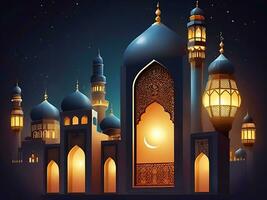 ai gegenereerd illustratie van verbazingwekkend architectuur ontwerp van moslim moskee Arabisch lantaarn van Ramadan viering. ai gegenereerd foto
