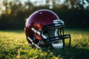 ai gegenereerd Amerikaans Amerikaans voetbal helm Aan de veld- met wazig stadion achtergrond ai gegenereerd foto