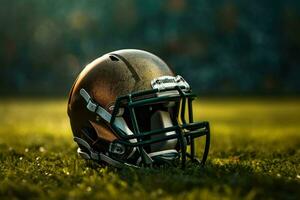 ai gegenereerd Amerikaans Amerikaans voetbal helm Aan de veld- met wazig stadion achtergrond ai gegenereerd foto