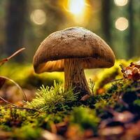 ai gegenereerd paddestoel in de mos Aan de Woud vloer. mystiek goochelaar. herfst licht humeur. foto