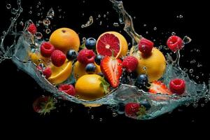 ai gegenereerd vers fruit spatten in Doorzichtig water, vers fruit in Doorzichtig water plons achtergrond ai gegenereerd foto