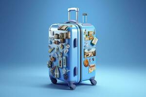ai gegenereerd blauw koffer vol van oriëntatiepunten en reizen accessoires Aan blauw achtergrond. generatief ai foto