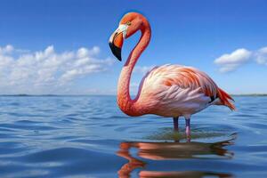 ai gegenereerd roze flamingo in de water. ai gegenereerd foto