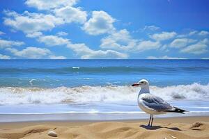 ai gegenereerd zeemeeuw Aan de strand onder blauw lucht. foto