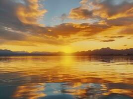 ai gegenereerd helder zonsondergang over- meer gouden wolken reflecteren in de water. ai gegenereerd. foto