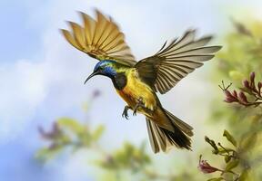 ai gegenereerd olijf- gesteund zonnevogel, geel buik sunbird vliegend in de helder lucht. generatief ai foto