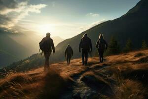 ai gegenereerd groep van vrienden wandelen in bergen, een groep van vrienden wandelen in de bergen Bij zonsondergang ai gegenereerd foto