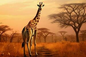 ai gegenereerd giraffe wandelen aan de overkant de Afrikaanse savanne ai gegenereerd foto