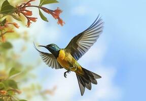 ai gegenereerd olijf- gesteund zonnevogel, geel buik sunbird vliegend in de helder lucht. generatief ai foto