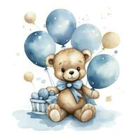 ai gegenereerd een waterverf baby teddy beer is zittend in de mand met blauw en goud ballonnen. ai gegenereerd foto