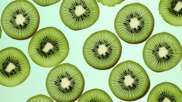 ai gegenereerd plakjes van kiwi fruit en groen munt bladeren Aan een licht pastel blauw achtergrond. ai gegenereerd foto