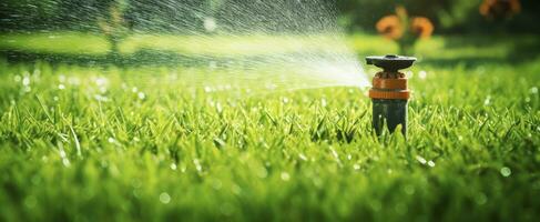 ai gegenereerd automatisch tuin gazon sproeier in actie gieter gras. ai gegenereerd foto