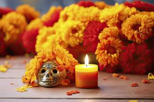 ai gegenereerd kaarsen en goudsbloem bloemen. dag van de dood concept dia de los muertos. ai gegenereerd foto