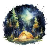 ai gegenereerd een camping tent in de Woud met nacht lucht, waterverf voor t-shirt ontwerp. ai gegenereerd foto