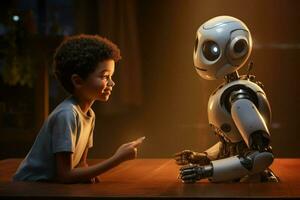 ai gegenereerd glimlachen jongen pratend met de ai robots ai gegenereerd foto