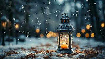 ai gegenereerd een wit lantaarn Bij sneeuwen, winter seizoen het weer, detailopname, kopiëren ruimte, foto