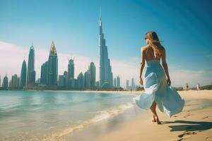 ai gegenereerd mooi jong vrouw is wandelen Aan de strand in Dubai ai gegenereerd foto