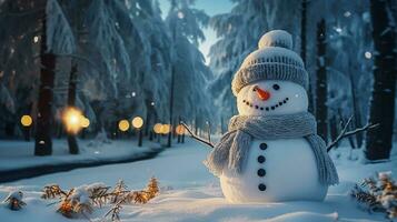 ai gegenereerd een feestelijk sneeuwman en winter Woud visie in achtergrond met sneeuwen foto