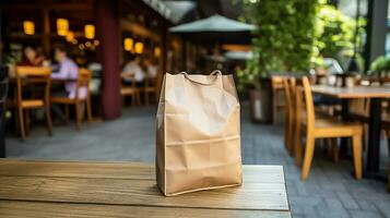 ai gegenereerd voedsel levering blanco papier zak Aan de houten, en wazig restaurants in achtergrond foto