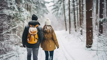 ai gegenereerd winter Woud jogging paar. foto