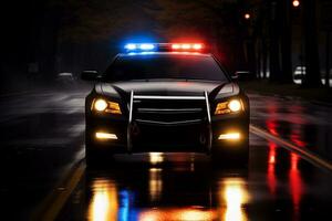 ai gegenereerd Politie auto Aan de weg Bij nacht met lichten Aan foto