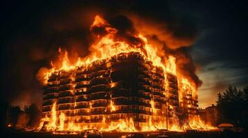 ai gegenereerd een groot appartement gebouw is Aan brand foto