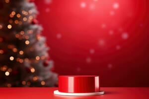 ai gegenereerd leeg rood podium Aan een rood achtergrond met wazig bokeh Kerstmis bomen. voetstuk of stadium bespotten omhoog voor uw Product. foto