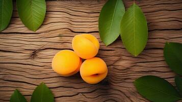 ai gegenereerd portret perzik fruit Aan de houten tafel ai generatief foto