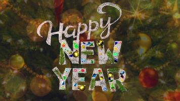 gelukkig nieuw jaar opschrift gemaakt van sparkles Kerstmis boom achtergrond, ambacht hand- gemaakt foto