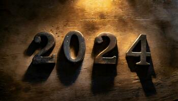 ai gegenereerd top visie van gouden figuren van de jaar 2024 Aan een rustiek tafel foto